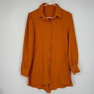 Lyaner Womens Small Button Front Shirt Tunic Top Orange Crinkle Woven Long Slv